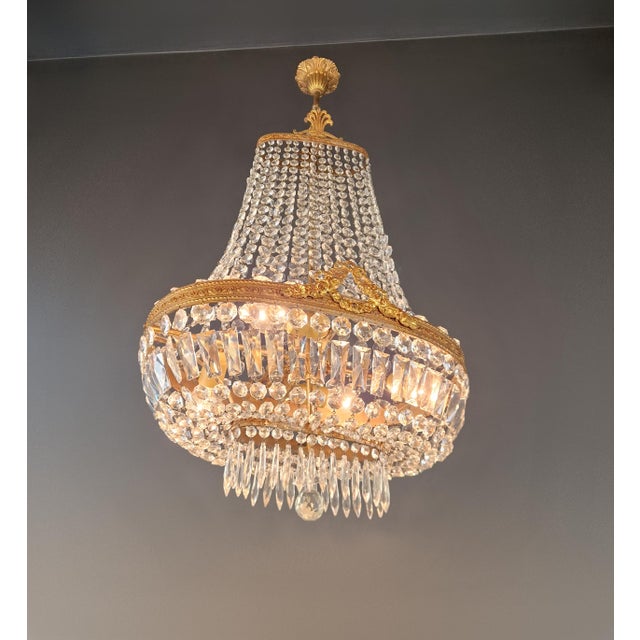 Oval Antique Empire Revival Brass Crystal Chandelier Neoclassical Crystal Basket For Sale - Image 4 of 11