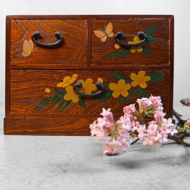 Small Japanese Wooden Drawer Chest with Flowers and Butterflies, 1980s For Sale - Image 12 of 12