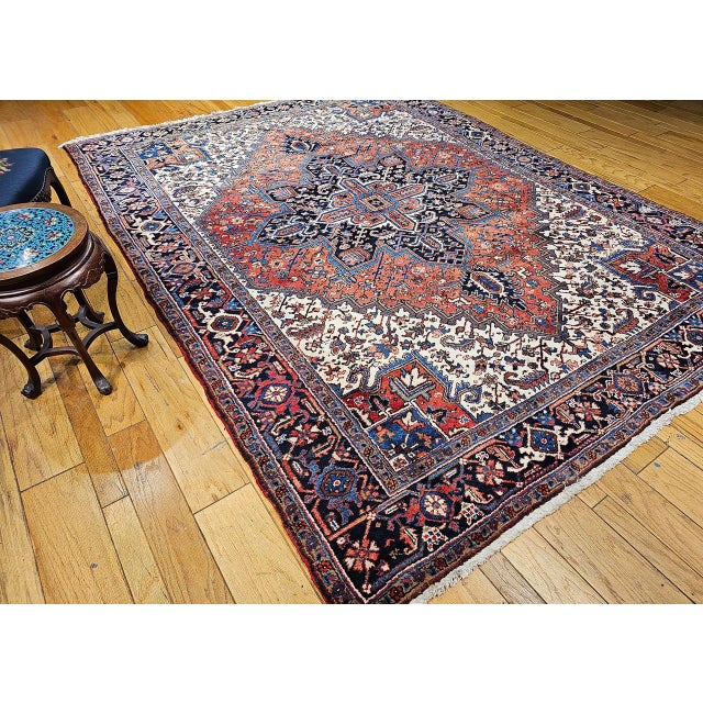 Persian Vintage Heriz Rug, Hand-Knotted Wool, Geometric Medallion Pattern, Brick-Red & Navy, 8x11 For Sale - Image 3 of 12