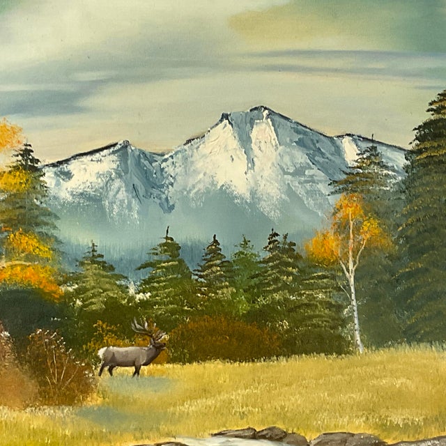Sky Blue Mid-Century Rustic Americana Elk Wildlife & Scenic Mountain Steam Oil Painting, Signed J. Dirks For Sale - Image 8 of 14