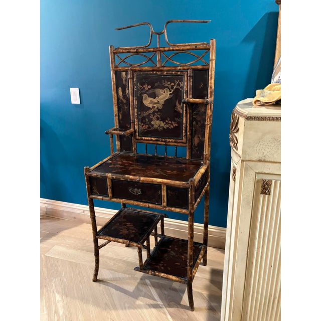 1920s Victorian Tortoiseshell Bamboo & Japanned Lacquer Bonheur Du Jour Writing Desk For Sale - Image 15 of 16