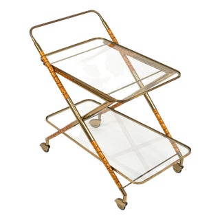Serving Bar Cart in Wood Faux Bamboo from Cesare Lacca, 1950s For Sale