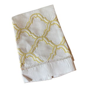 Vintage Embroidered Arabesque Design Hemstitched Cotton/Linen Tea Towel