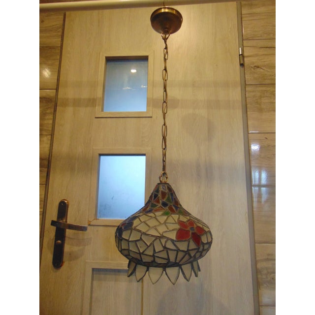 Metal Art Deco Chandelier in Stained Glass and Brass For Sale - Image 7 of 7