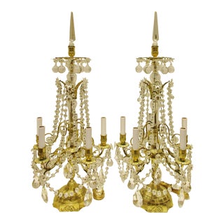 Matched Pair of Antique French Gilt Bronze and Crystal Girandoles C. 1860's For Sale