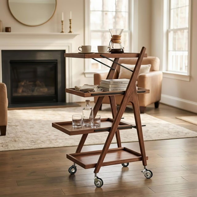 Four-Tier Walnut Bar Cart With Removable Trays, Modern Wood Serving Trolley With Wheels and Locking Casters For Sale - Image 10 of 11