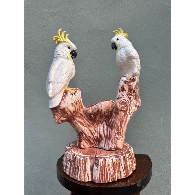 Vintage Italian Majolica Ceramic Cockatoo Planter on a Branch Stump For Sale - Image 4 of 9