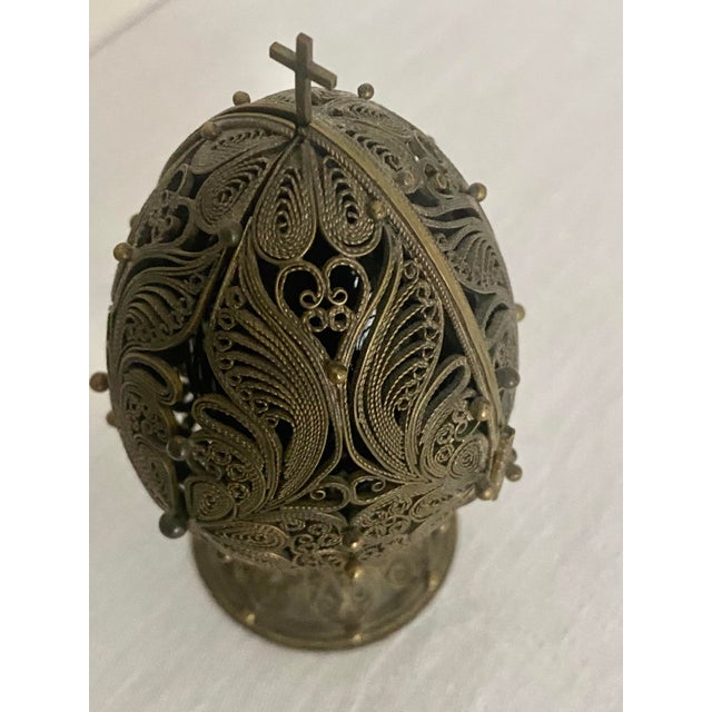 Vintage Fedoskino Russian Triptych Brass Filigree With Lacquer Egg Shape With Father Frost and the Snow Maiden Signed M. Izotova. For Sale - Image 10 of 15