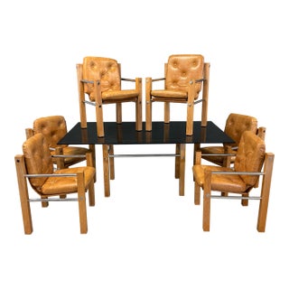 1970s Modern Oak and Chrome Dining Set - Set of 7 For Sale