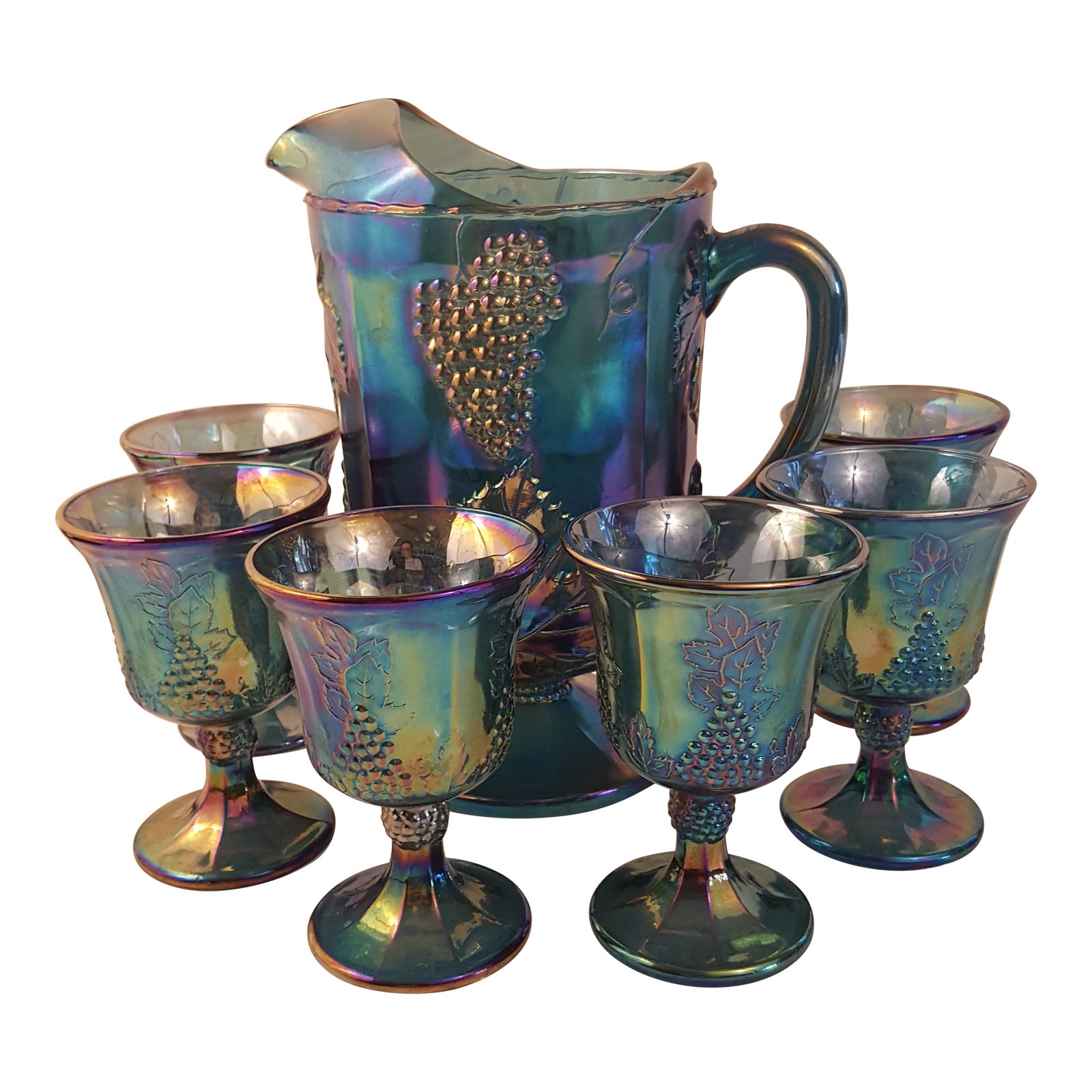 Harvest Grape Blue Carnival Glass Pitcher & Glasses Set of 7 Chairish
