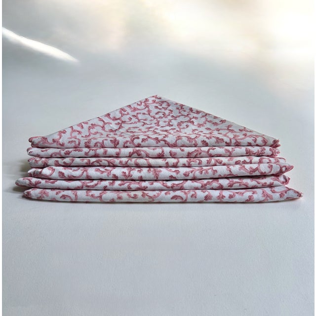 1980s Croscill White & Pink Scrollwork Dinner Napkins - Set of 7 For Sale - Image 9 of 17