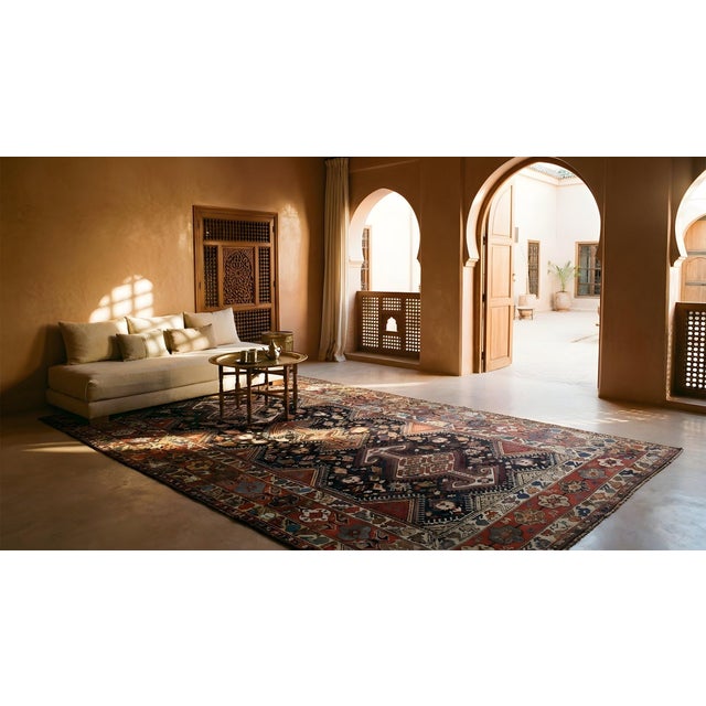 Textile 1890s Blue Navy Geometric Traditional Antique Persian Bakhtiari Rug 6' 6" X 11' 10" Wool Carpet For Sale - Image 7 of 7