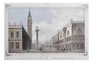 Giuseppe Kier, Venice, St. Mark's Square, Original Lithograph, 19th Century, Framed