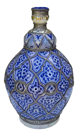 Moroccan Ceramic Blue Vase W/ Silver Metal Inlay