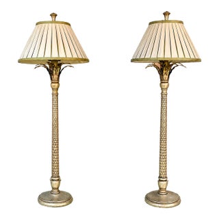 Mid 20th Century Hollywood Regency Silvered Carved Lamps - a Pair For Sale