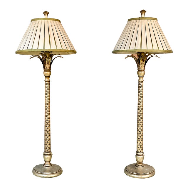 Mid 20th Century Hollywood Regency Silvered Carved Lamps - a Pair For Sale