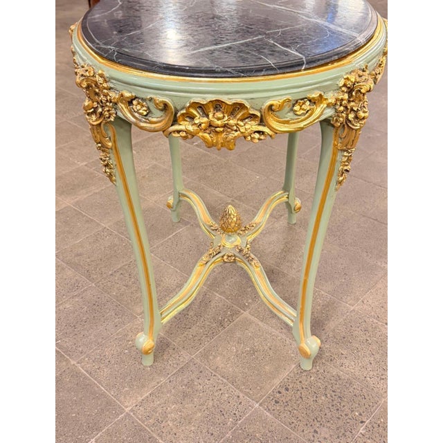 Vintage French Cherub Side Table Sage Green Marble Top For Sale In Orlando - Image 6 of 8