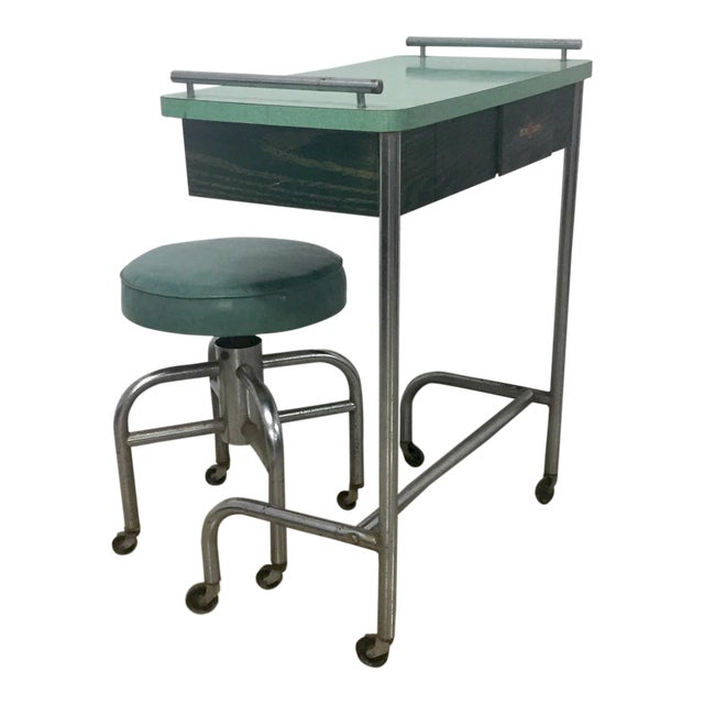 1940s Industrial Tubular Steel Rolling Stool and Cantilevered Table For Sale