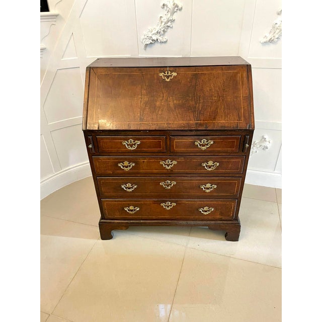 Wood Antique George I Figured Walnut Bureau with Original Handles , 1720 For Sale - Image 7 of 18