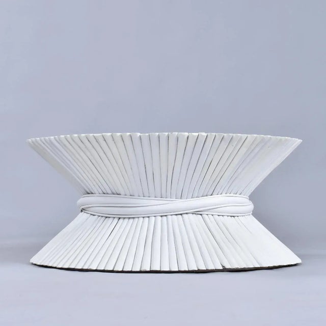 McGuire McGuire Coastal White Rattan Wheat Sheaf Coffee Table With Round Glass For Sale - Image 4 of 13