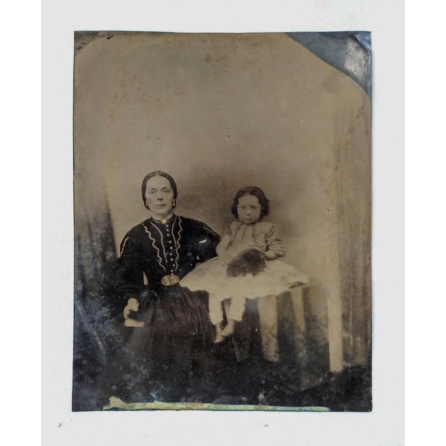 Shabby Chic Large Antique Tintype Woman & Child Hand Colored Photograph For Sale - Image 3 of 4