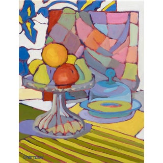 Fruit and Pattern, Contemporary, Expressionist Still Life Oil Painting For Sale