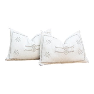 Pair of Frost White Lumbar Moroccan Silk Pillows For Sale