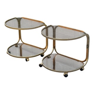 German Brass Rollable Nightstands with Toned Glass Shelves, 1970s, Set of 2 For Sale