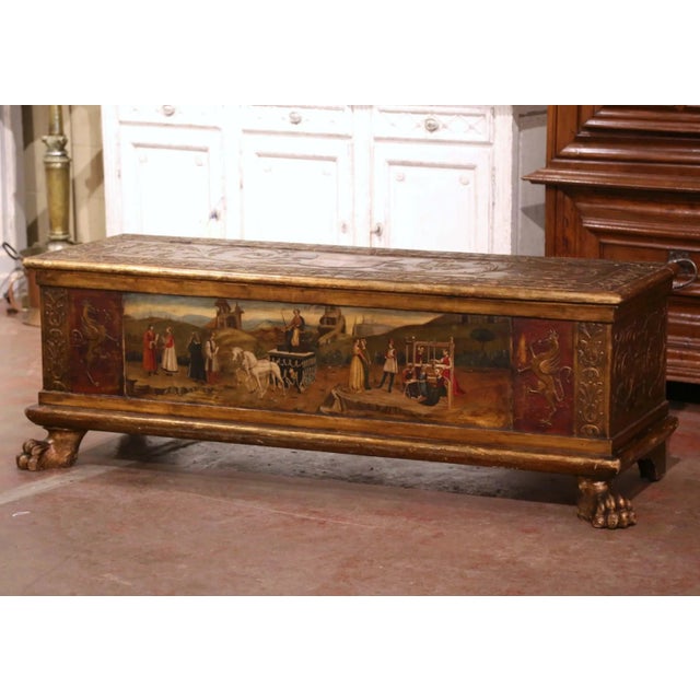 Place this colorful antique coffer at the foot of a king size bed to store your extra blankets! Crafted in Italy, circa...
