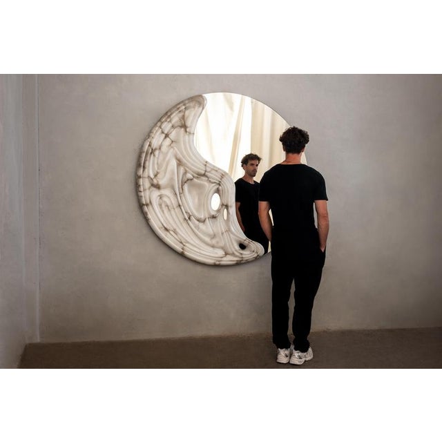 Large Fossil Moon Wall Mirror in Alabaster and Glass Mirror by Amarist Studio For Sale - Image 14 of 17