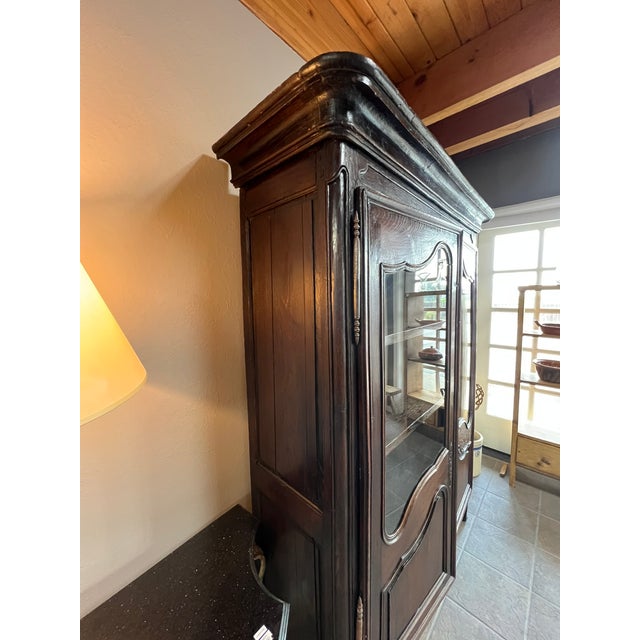 French Country Early 19th Century French Provincial Solid Oak Glass Door Armoire For Sale - Image 3 of 11