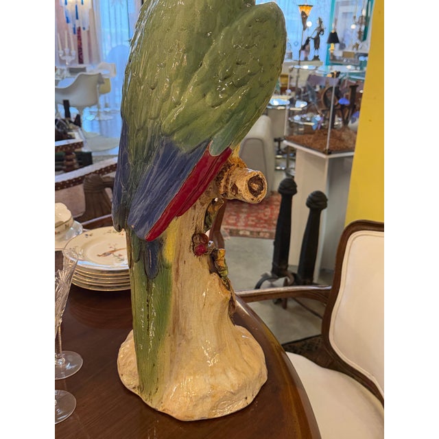 Green Majolica Earthenware Large Parrot Sculpture Hand Painted For Sale - Image 8 of 11