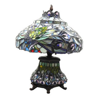 1980s Tiffany Style Stained Leaded Glass Lamp For Sale