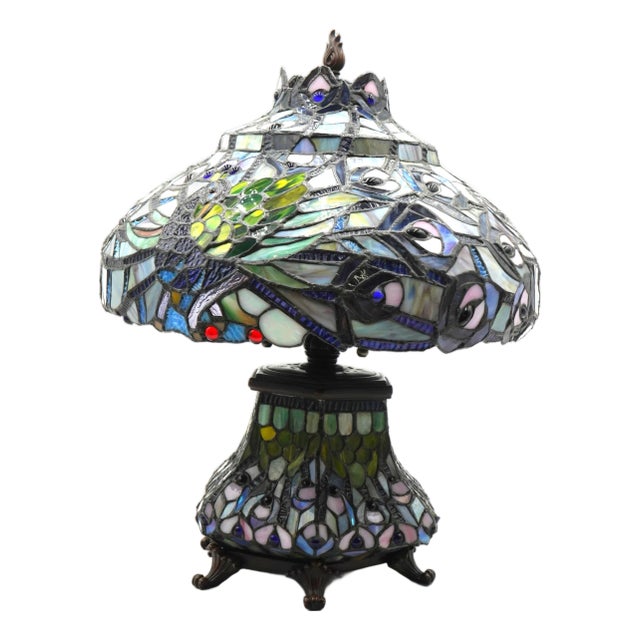 1980s Tiffany Style Stained Leaded Glass Lamp For Sale