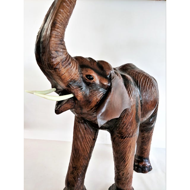 Folk Art Large LifeSize Vintage Leather Wrapped Elephant Sculpture