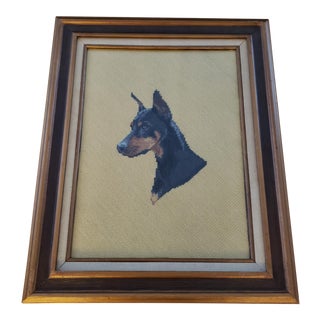 Vintage Doberman Needlepoint Textile Art, Framed For Sale