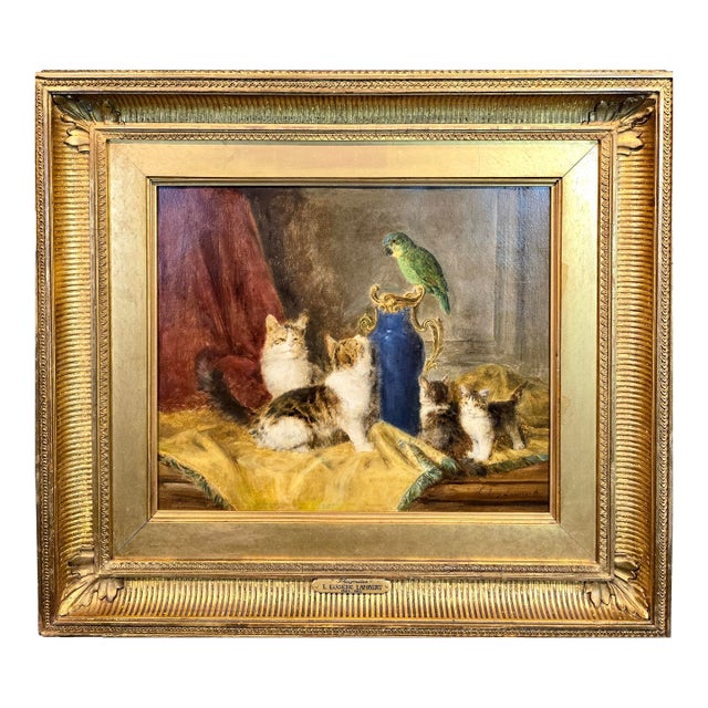 Louis Eugène Lambert- Four Cats Playing W/a Parrot- 19th Century Oil Painting For Sale