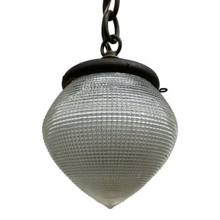 Vintage Holophane Waffle Pattern Shade With Brass Hanging Fixture For Sale
