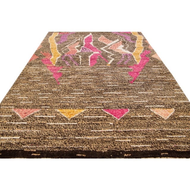 Abstract Modern Moroccan Style Tan Handmade Wool Rug With Multicolor Abstract Design For Sale - Image 3 of 11