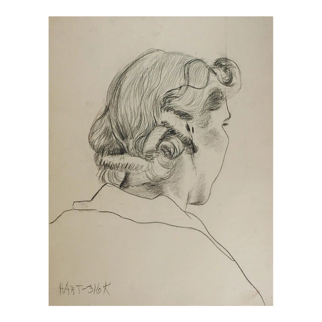 Vintage 1950s Portrait Charcoal Drawing of Woman For Sale
