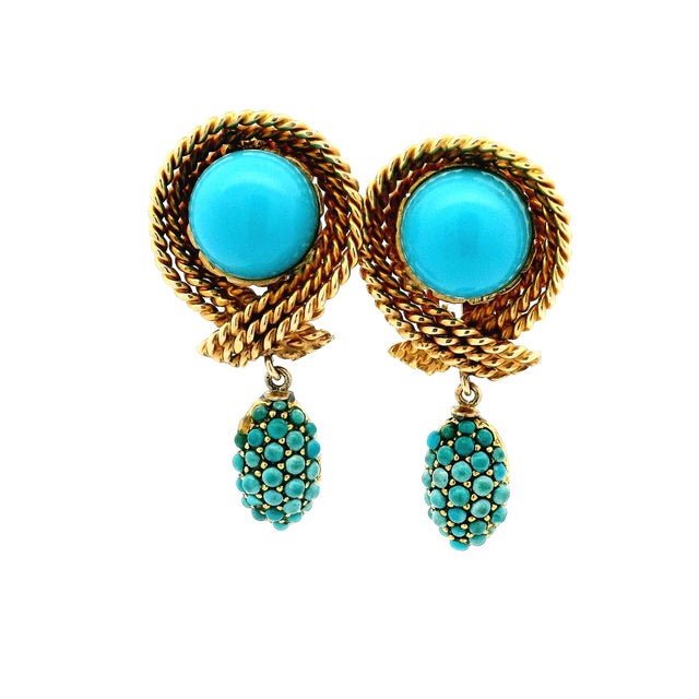 1970s Pair of Italian 14k Gold Turquoise Rope Motif Drop Earrings For Sale - Image 9 of 11