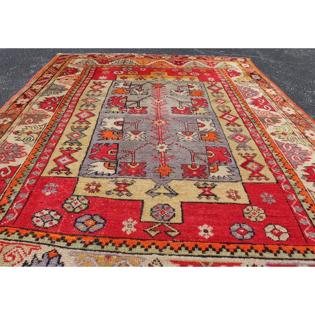 Red Colorful Antique Turkish Small Oushak Carpet in Multi Layered Design For Sale - Image 8 of 14