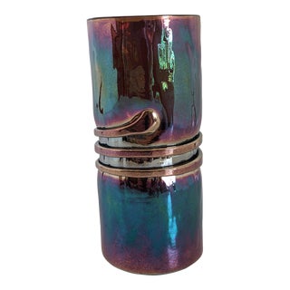 Vintage Hand Blown and Decorated Iridescent Glass Vase Signed For Sale
