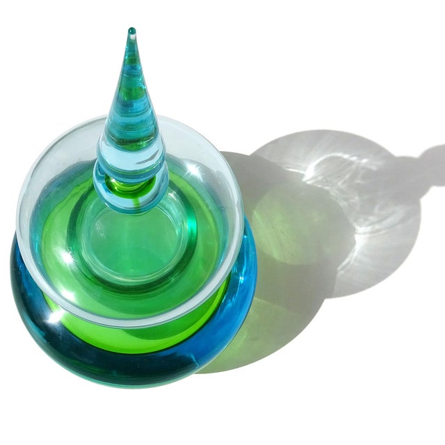 Cenedese Vintage Murano Cenedese Da Ros Sommerso Green Blue Italian Art Glass Spike Top Spage Age Container Jar For Sale - Image 4 of 9