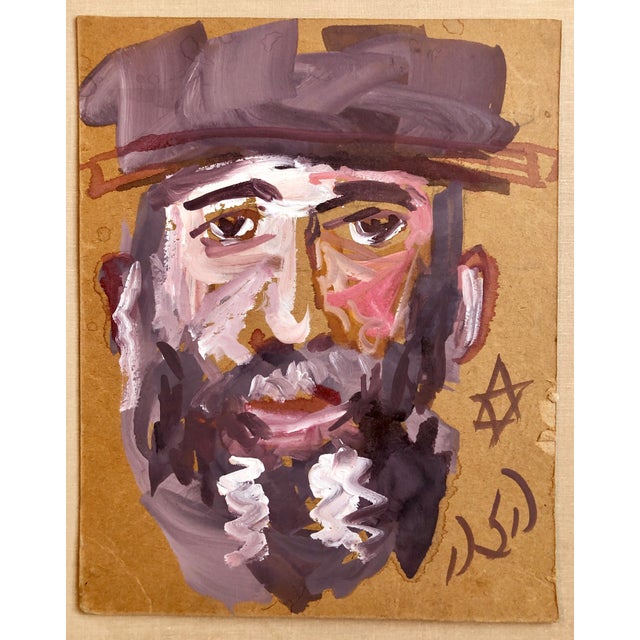 Mid 20th Century Outsider Folk Art Expressionist Rabbi Israeli Painting Signed Hebrew Jewish Star For Sale - Image 5 of 6