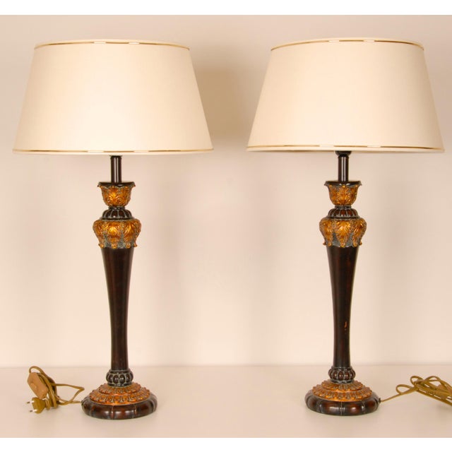 French Provincial Vintage French Table Lamps Pair – Brown Gold Baroque Décor Lighting 1980s For Sale - Image 3 of 9