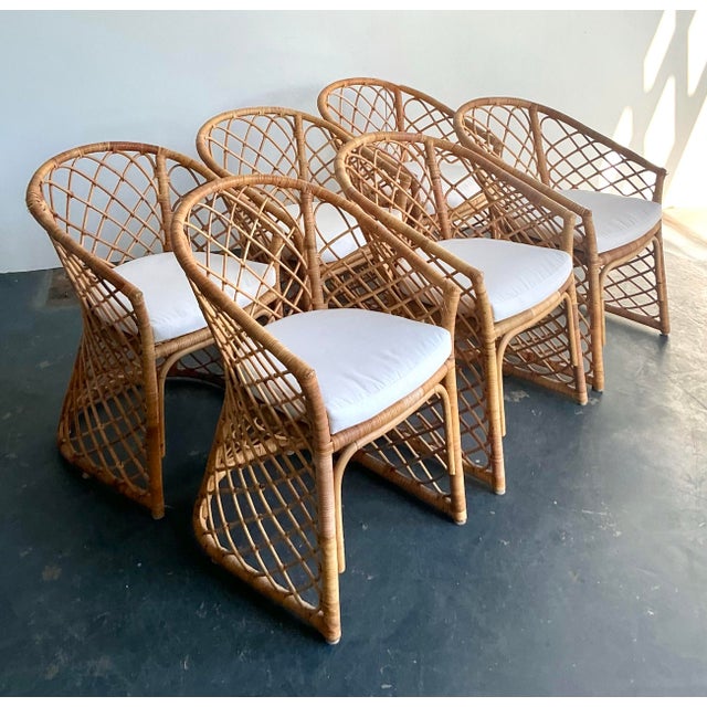 Camel Vintage Boho Trellis Rattan Dining Chairs - Set of 6 For Sale - Image 8 of 12