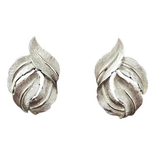 Vintage Crown Trifari Silver-Tone Satin Leaf Clip-on Earrings, A Pair For Sale