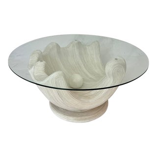 Vintage Pencil Reed Rattan Clam Shell and Pearl Coffee Table For Sale