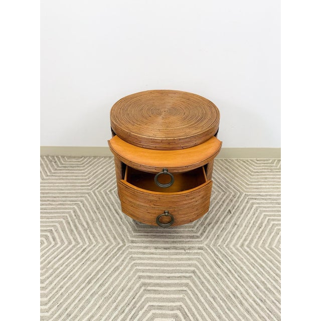 Wood Late 20th Century Pencil Reed Ribbed Round Rolling Side Table Drawer Gabriella Crespi Style For Sale - Image 7 of 9